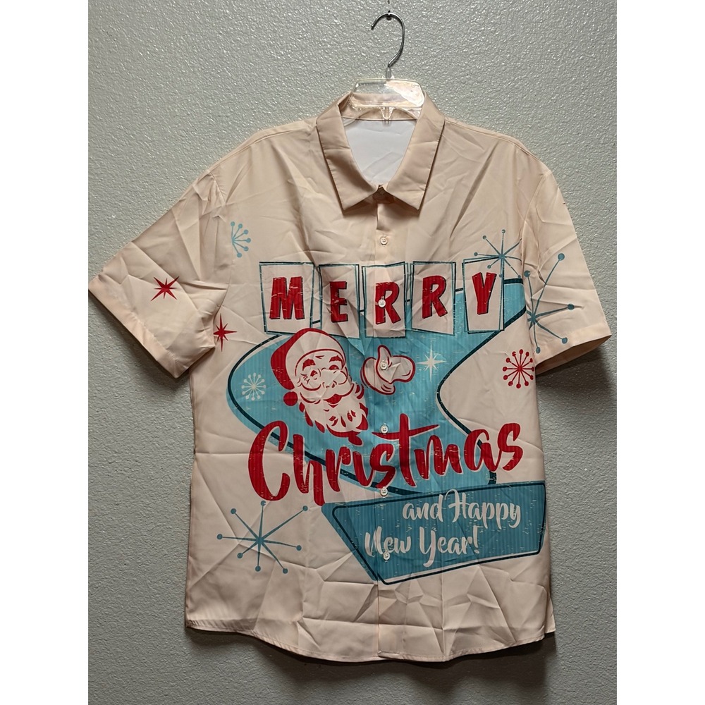Mens Vintage Style Santa Claus Merry Christmas Button Down Shirt Retro Holiday